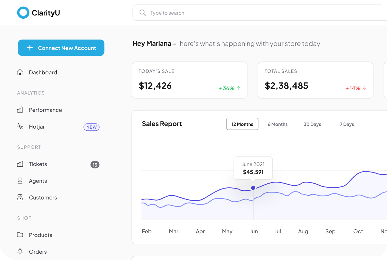 ClarityU analytics dashboard showing daily sales, total sales and a twelve month sales report