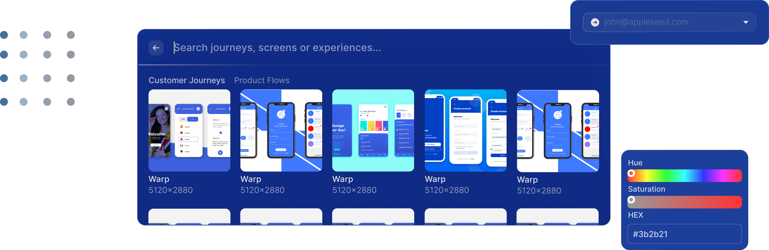 A journey browser showing customer journey screens beside an email field and a colour picker