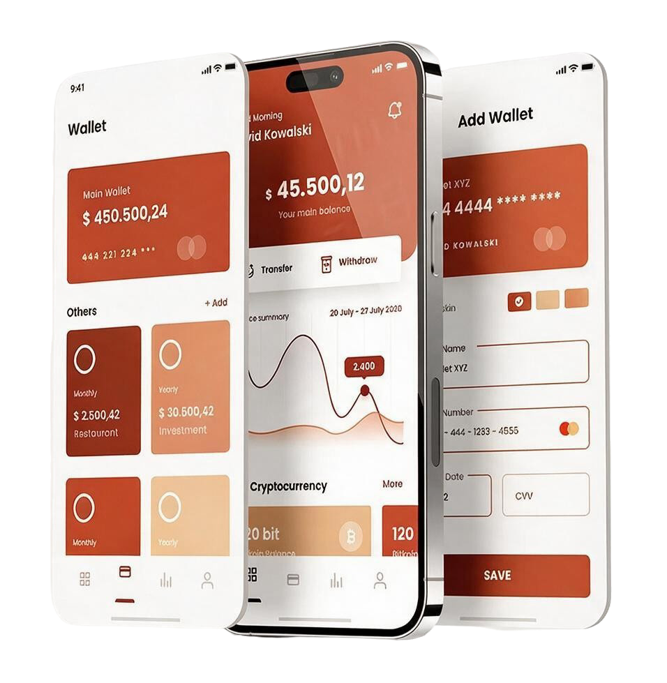 Three phone screens showing a wallet app: balances, transfers and card setup