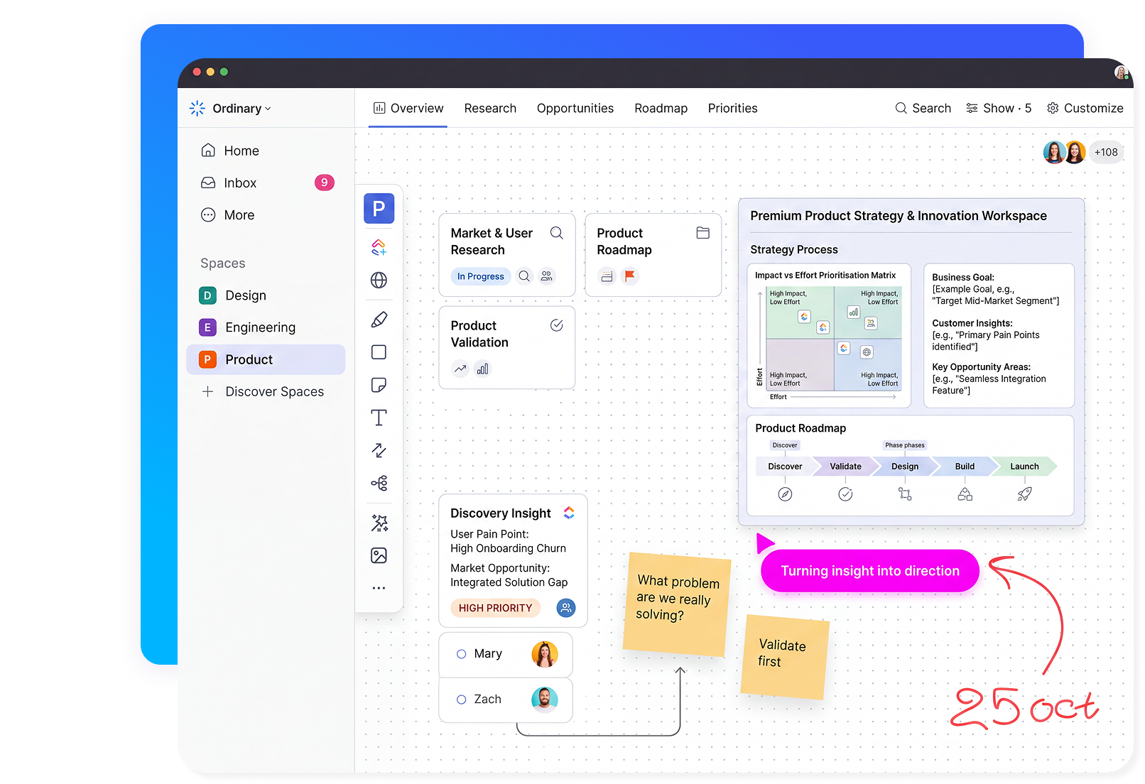 Product strategy workspace with a roadmap, prioritisation matrix and discovery notes