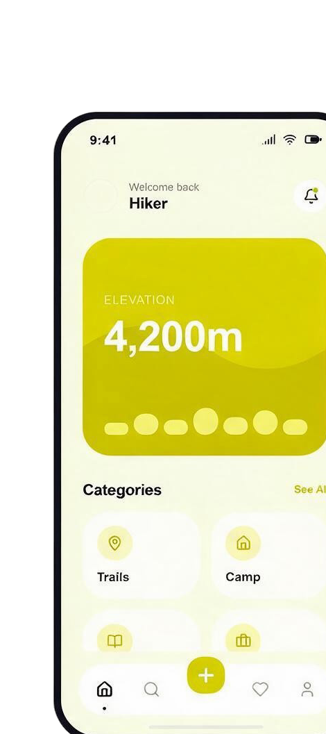 Oxygen mobile app showing elevation tracking and categories